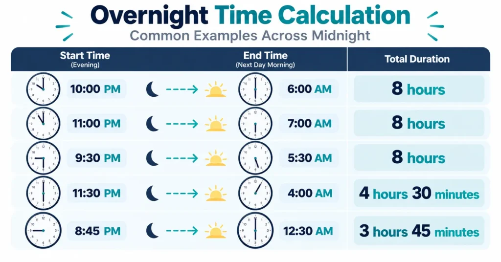 How to Calculate Time Across Midnight 3 Overnight Time Calculation Infographic
